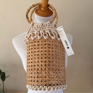 Aqua Natural Woven Basket Bag with Wooden Handles
